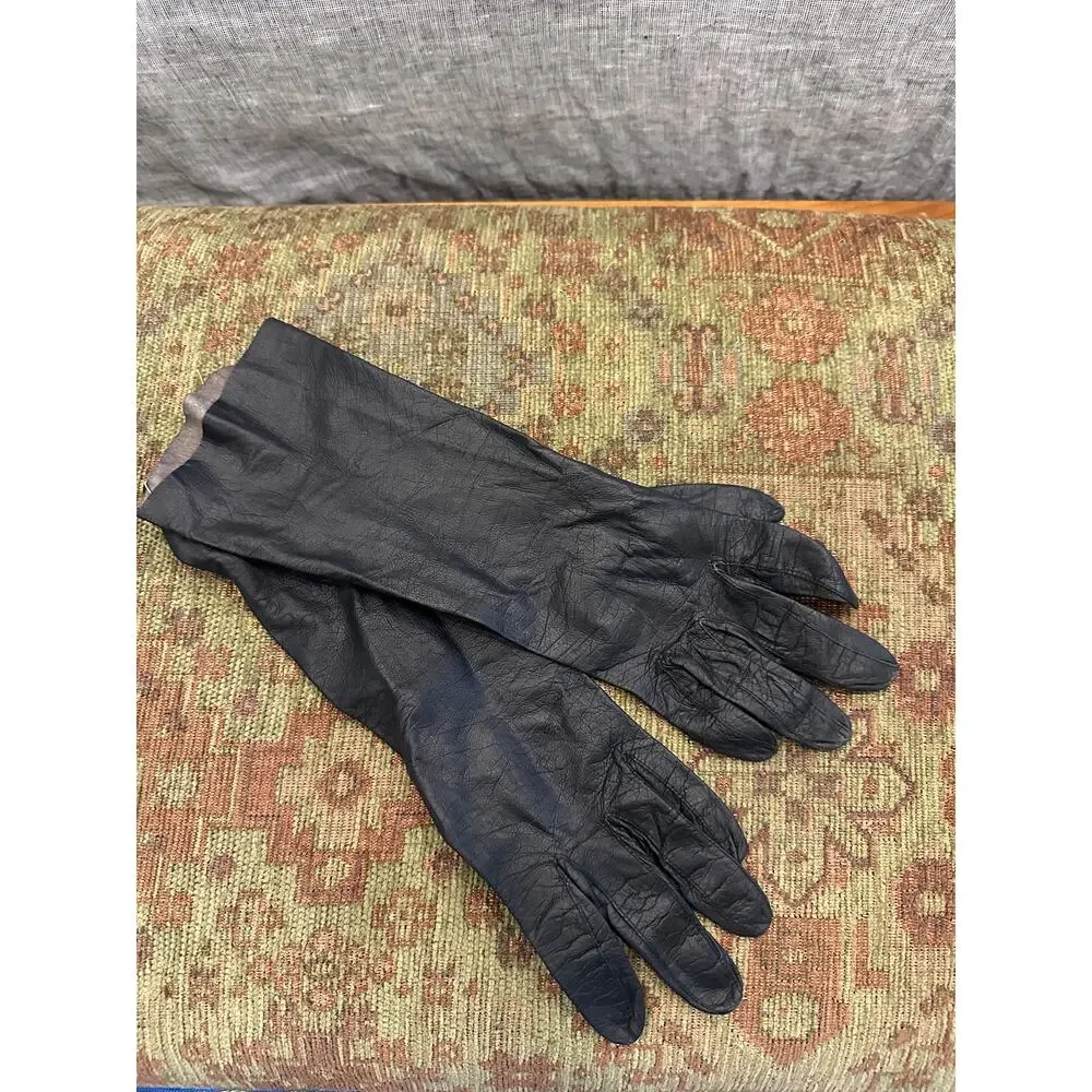 Vintage 1950s Black Kidskin Elbow-Length Gloves Size XS
